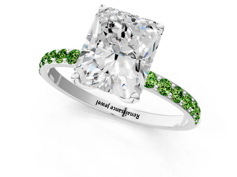 White gold Radiant Cut Diamond Solitaire Engagement Ring with Round with Peridot side stone Pavé Band and Prong Setting_1