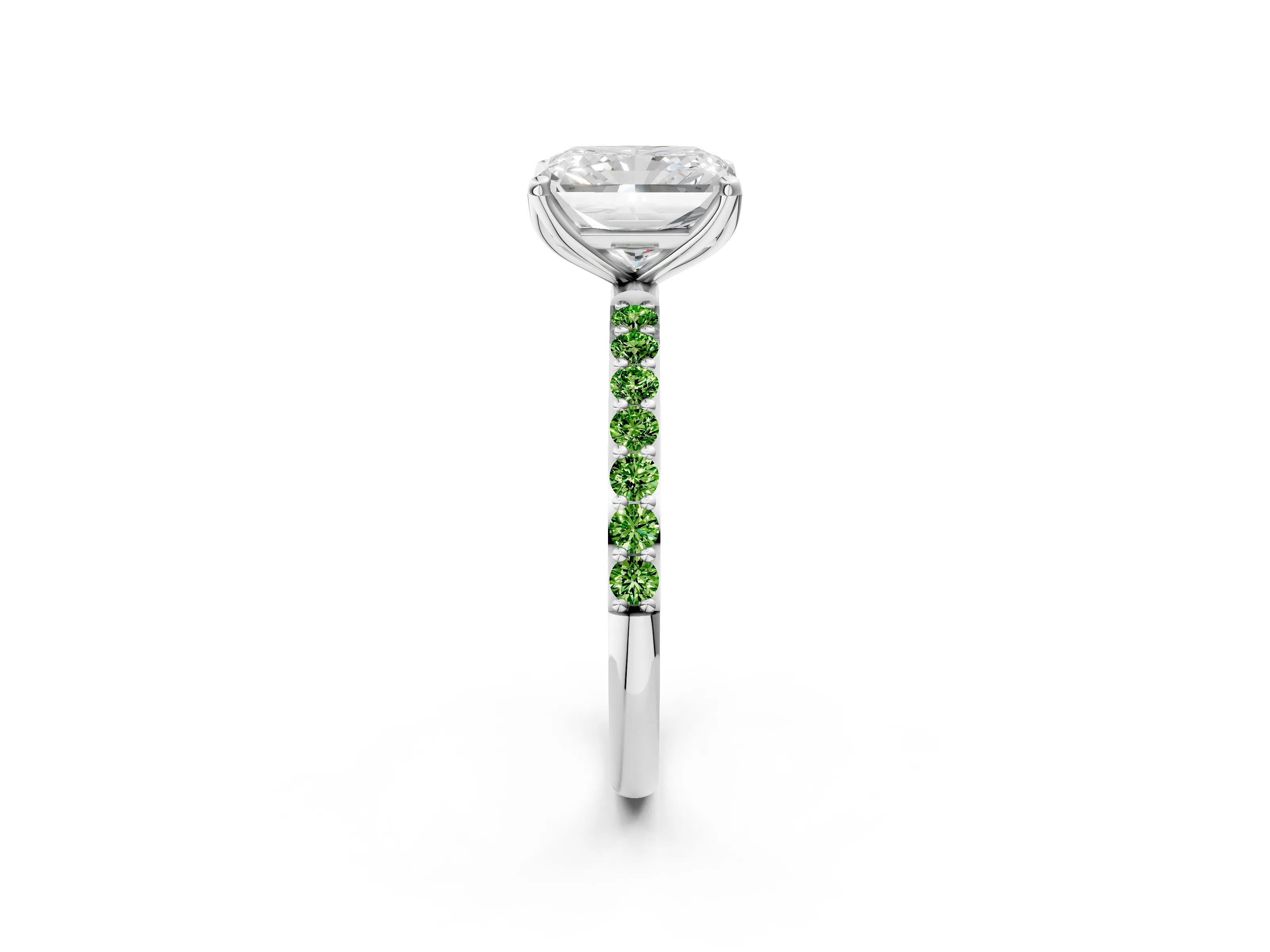 White gold Radiant Cut Diamond Solitaire Engagement Ring with Round with Peridot side stone Pavé Band and Prong Setting_2