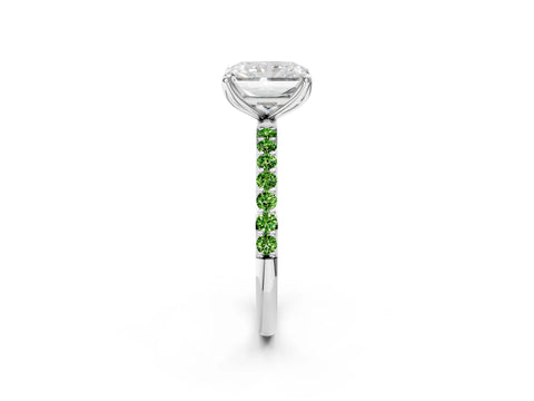 White gold Radiant Cut Diamond Solitaire Engagement Ring with Round with Peridot side stone Pavé Band and Prong Setting_2