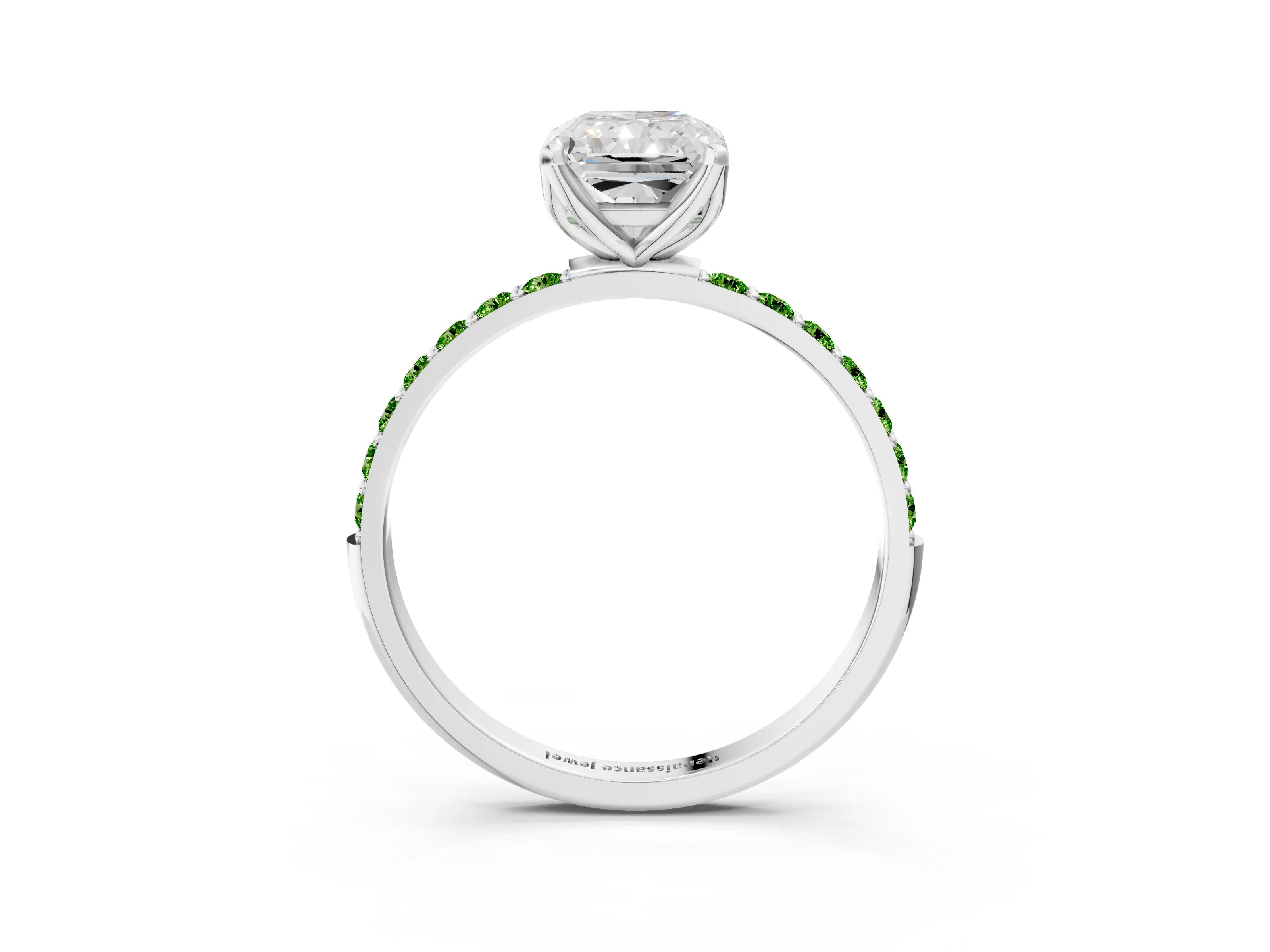 White gold Radiant Cut Diamond Solitaire Engagement Ring with Round with Peridot side stone Pavé Band and Prong Setting_3