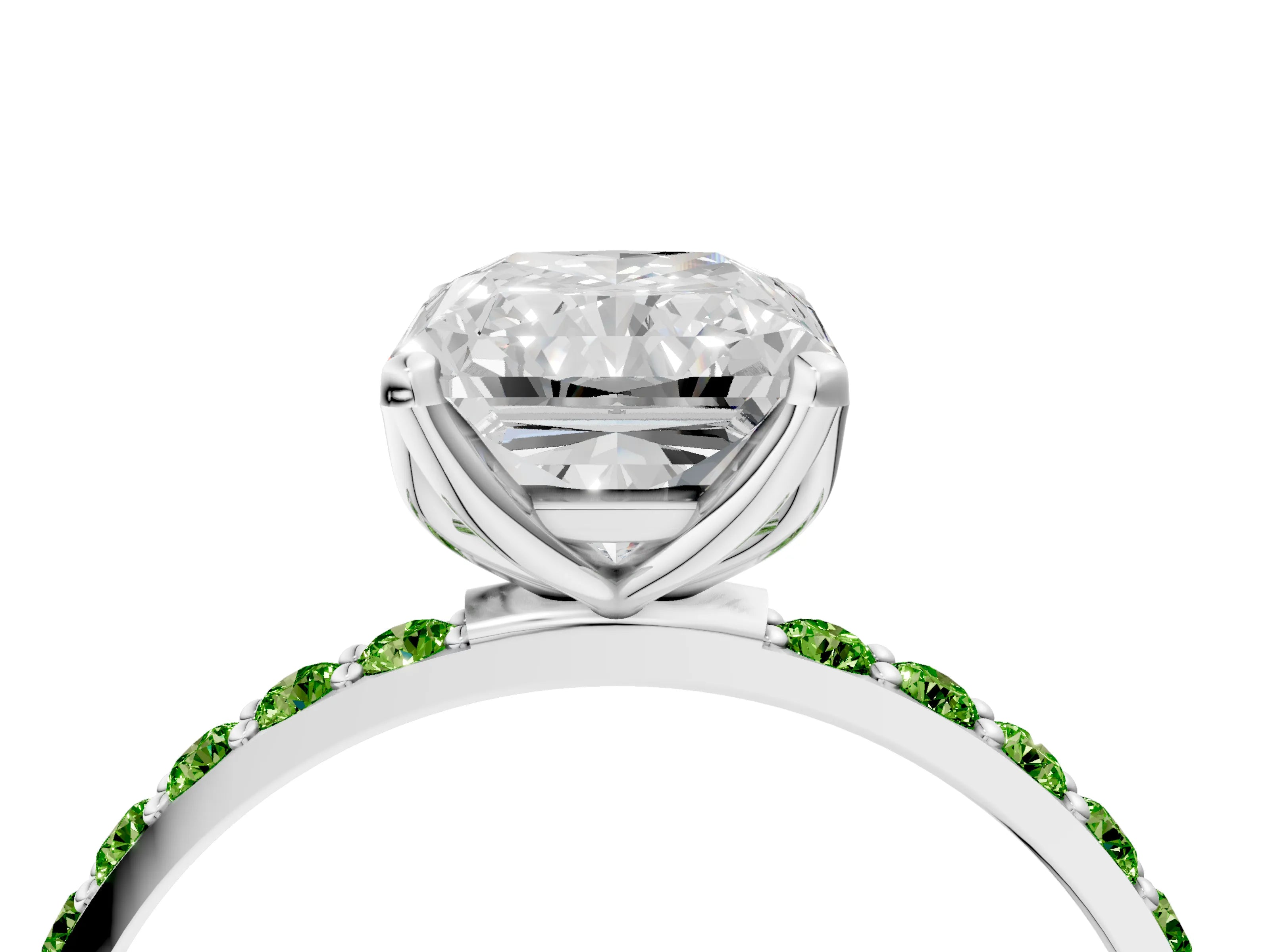 White gold Radiant Cut Diamond Solitaire Engagement Ring with Round with Peridot side stone Pavé Band and Prong Setting_4