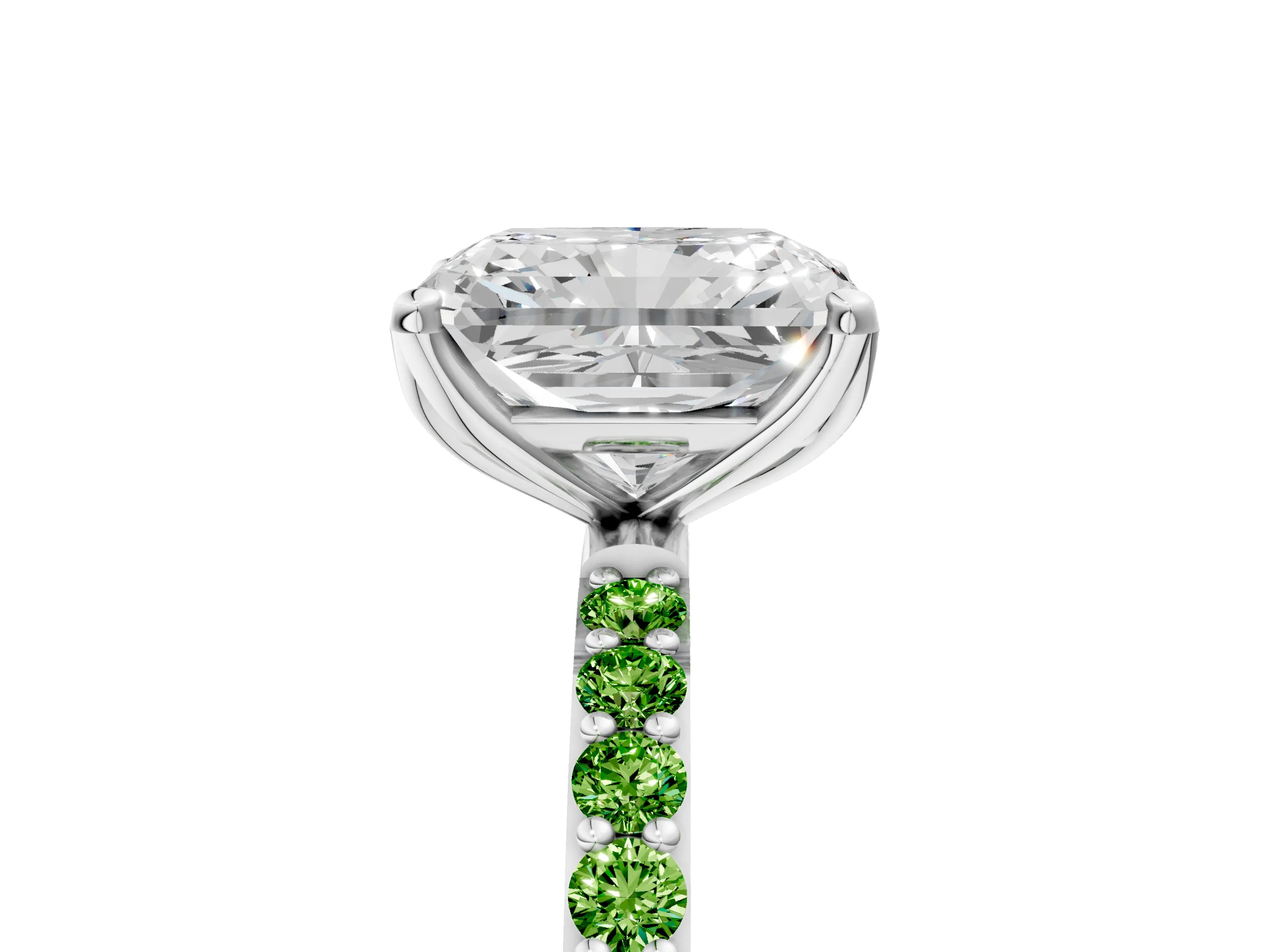 White gold Radiant Cut Diamond Solitaire Engagement Ring with Round with Peridot side stone Pavé Band and Prong Setting_5