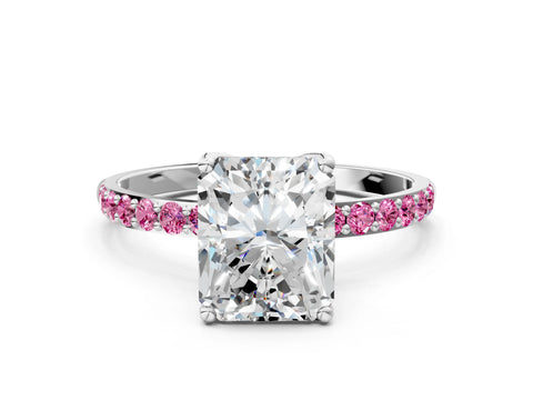 White gold Radiant Cut Diamond Solitaire Engagement Ring with Round with Pink Sapphire side stone Pavé Band and Prong Setting_12
