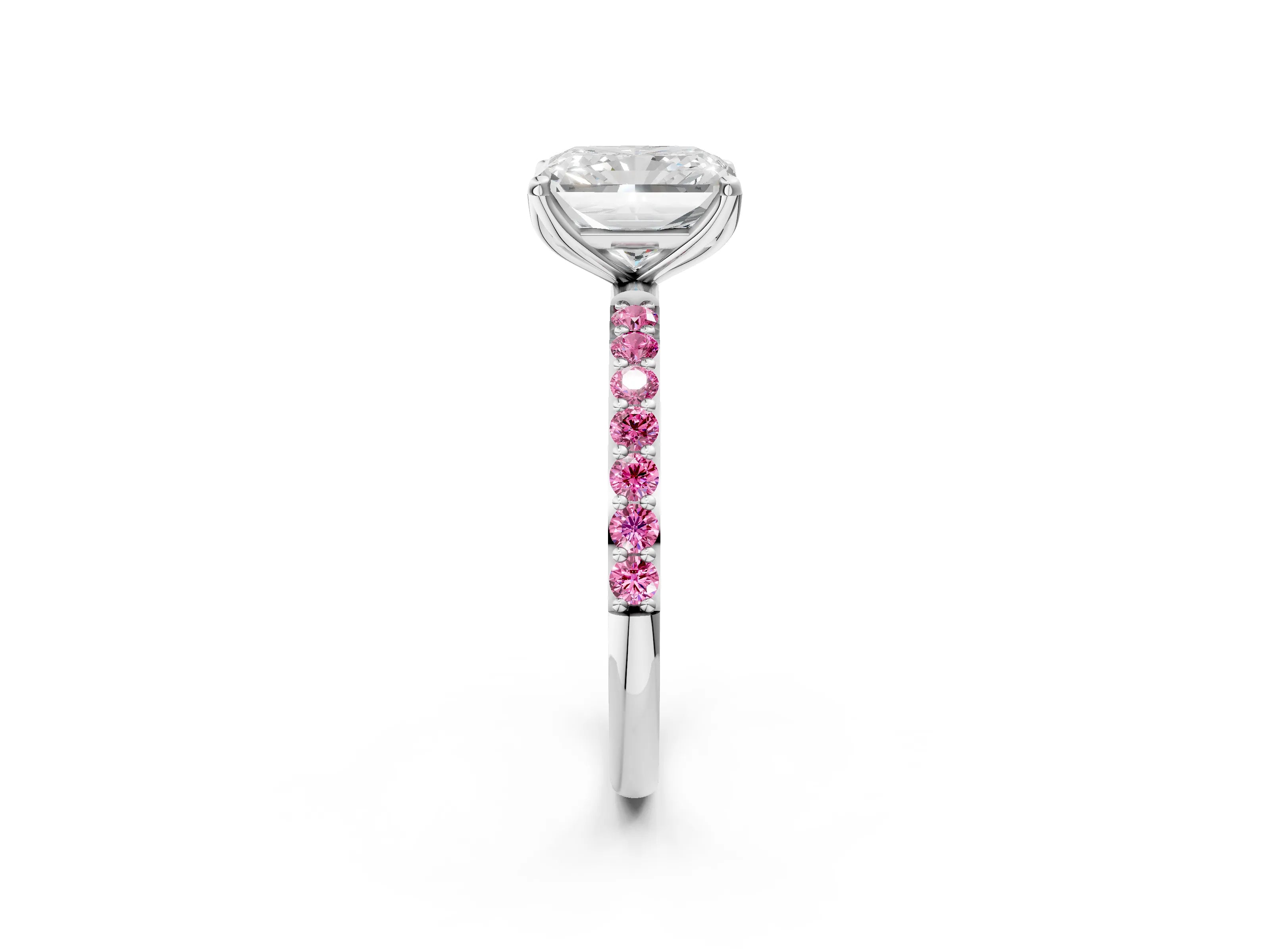 White gold Radiant Cut Diamond Solitaire Engagement Ring with Round with Pink Sapphire side stone Pavé Band and Prong Setting_14