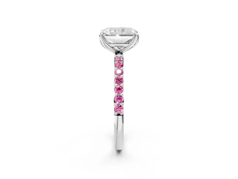 White gold Radiant Cut Diamond Solitaire Engagement Ring with Round with Pink Sapphire side stone Pavé Band and Prong Setting_14