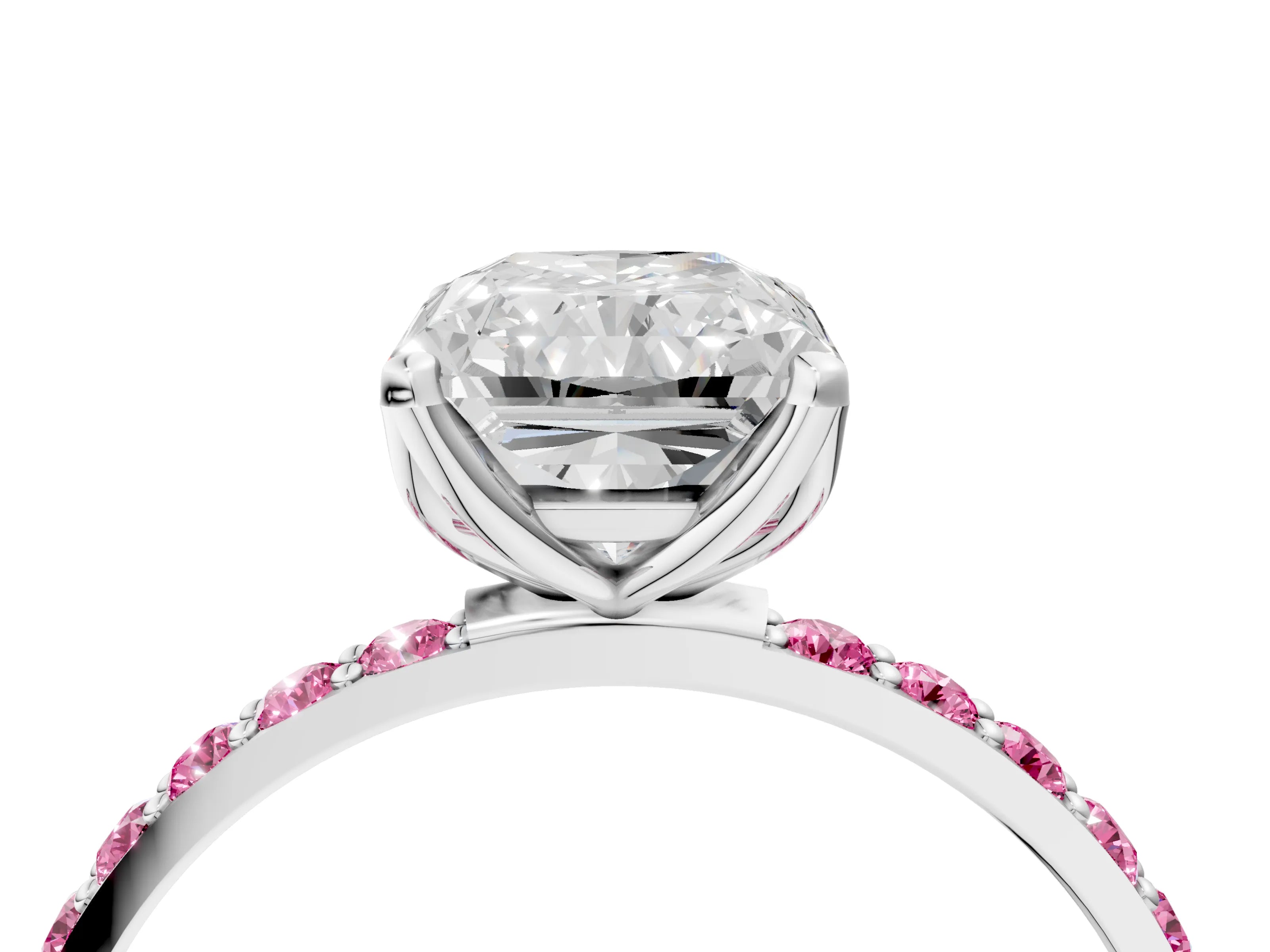 White gold Radiant Cut Diamond Solitaire Engagement Ring with Round with Pink Sapphire side stone Pavé Band and Prong Setting_16
