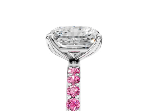 White gold Radiant Cut Diamond Solitaire Engagement Ring with Round with Pink Sapphire side stone Pavé Band and Prong Setting_17