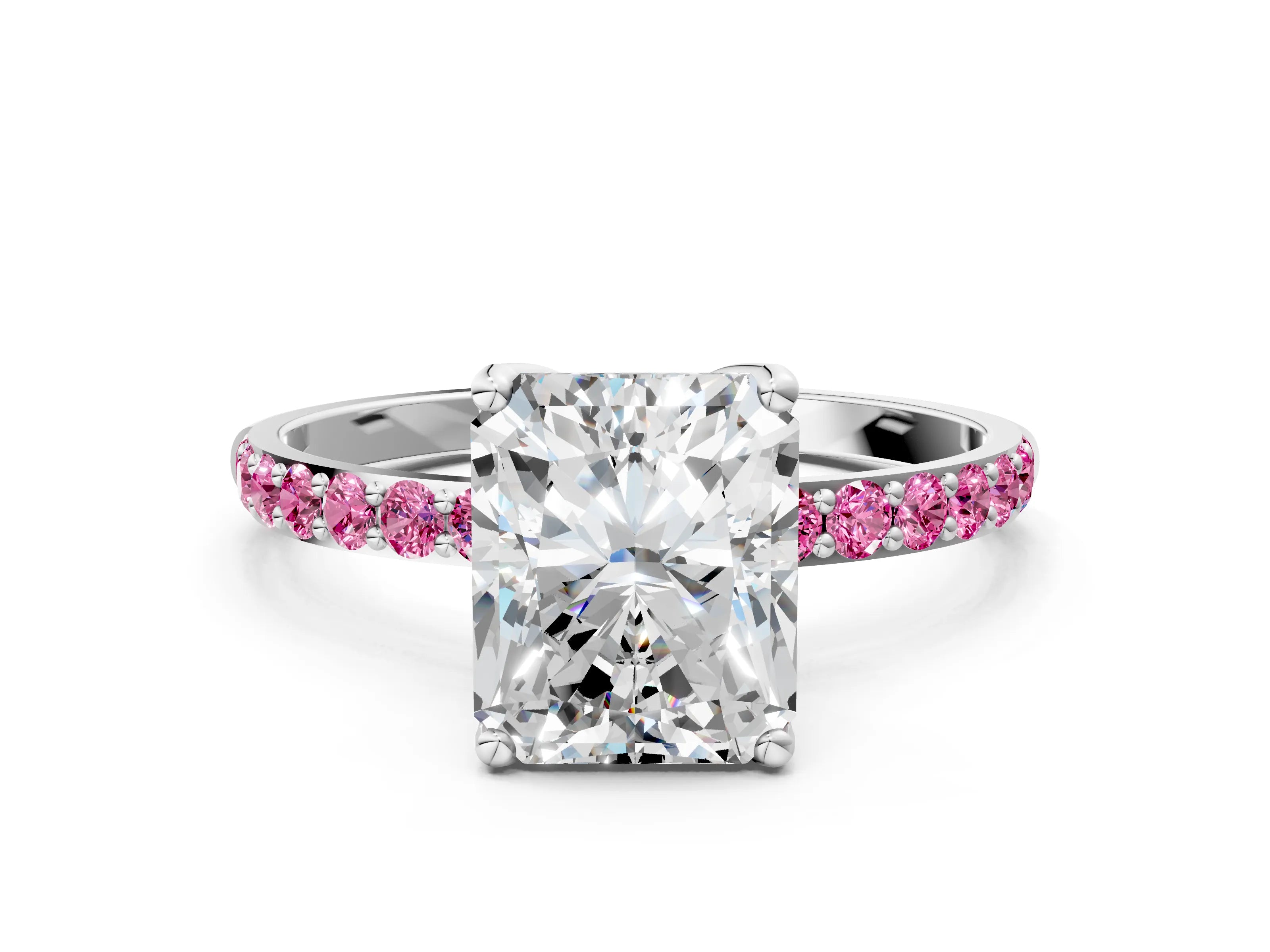 White gold Radiant Cut Diamond Solitaire Engagement Ring with Round with Pink Sapphire side stone Pavé Band and Prong Setting_24