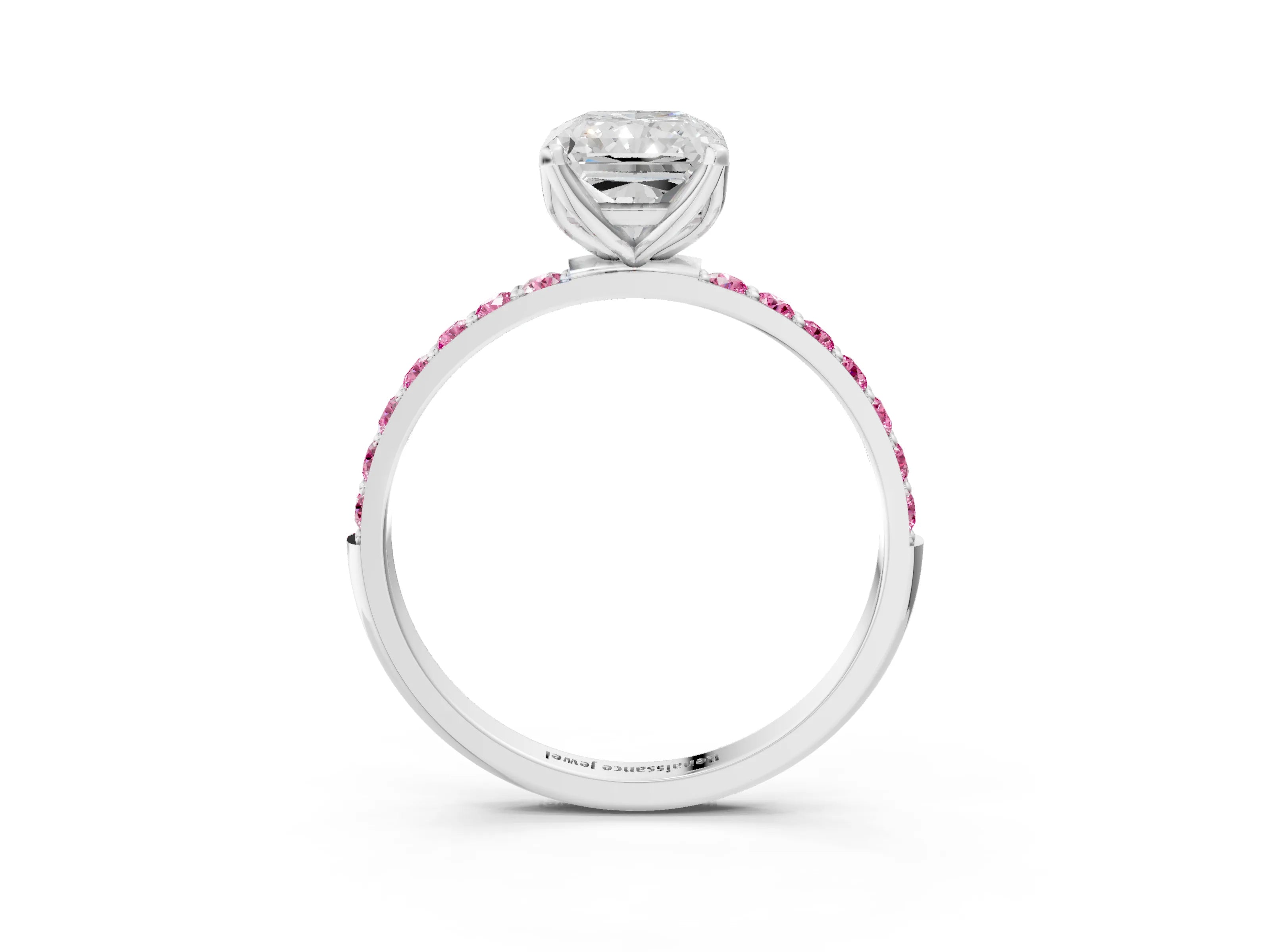 White gold Radiant Cut Diamond Solitaire Engagement Ring with Round with Pink Sapphire side stone Pavé Band and Prong Setting_27