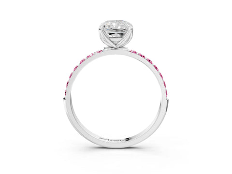 White gold Radiant Cut Diamond Solitaire Engagement Ring with Round with Pink Sapphire side stone Pavé Band and Prong Setting_27
