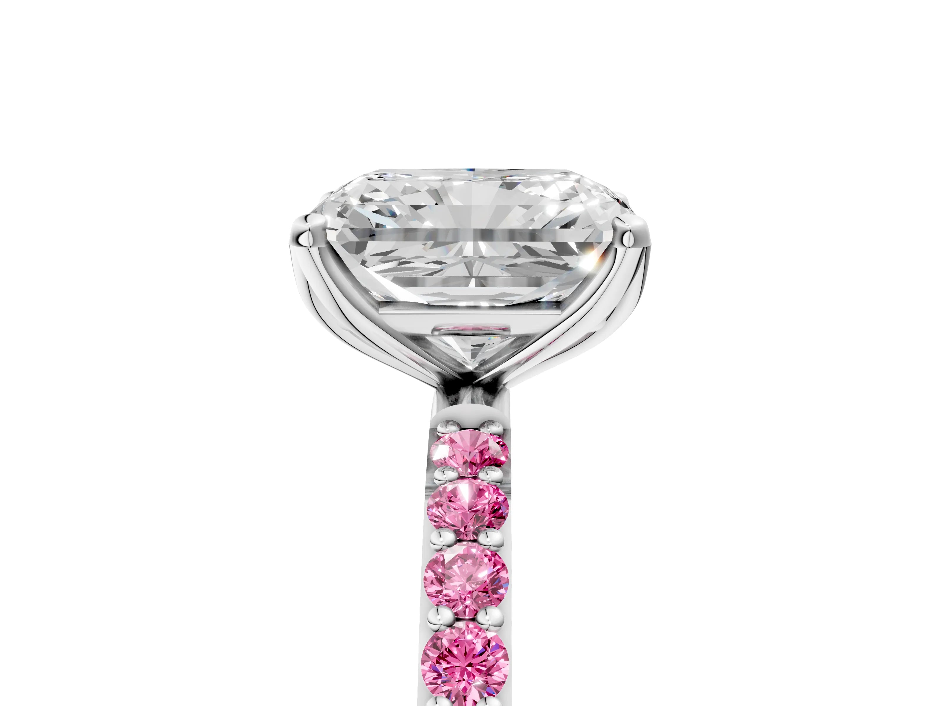 White gold Radiant Cut Diamond Solitaire Engagement Ring with Round with Pink Sapphire side stone Pavé Band and Prong Setting_29