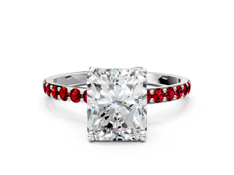 White gold Radiant Cut Diamond Solitaire Engagement Ring with Round with Ruby side stone Pavé Band and Prong Setting_12