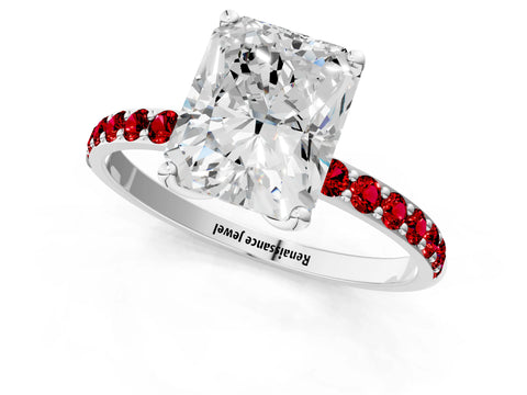 White gold Radiant Cut Diamond Solitaire Engagement Ring with Round with Ruby side stone Pavé Band and Prong Setting_13