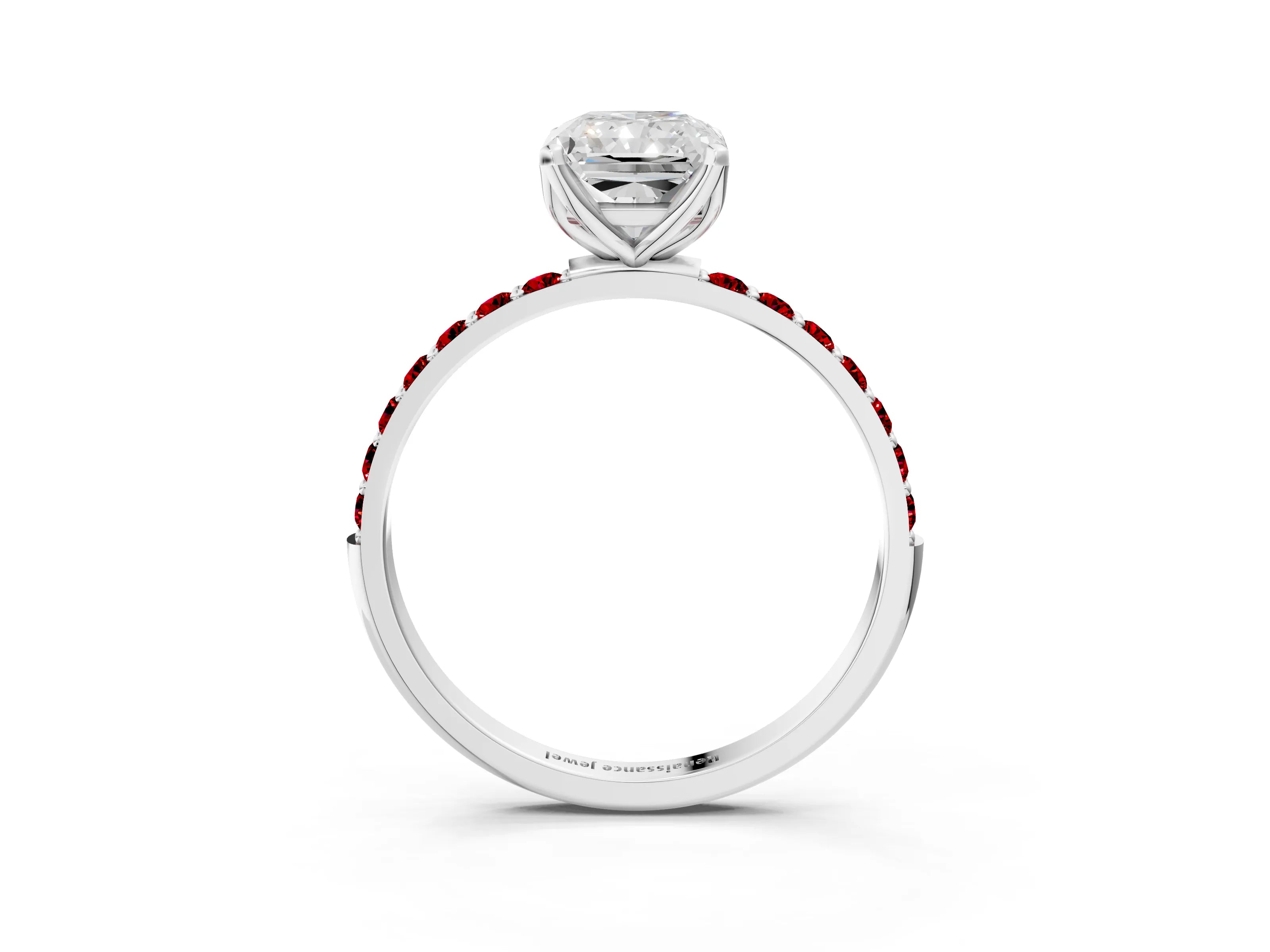 White gold Radiant Cut Diamond Solitaire Engagement Ring with Round with Ruby side stone Pavé Band and Prong Setting_15