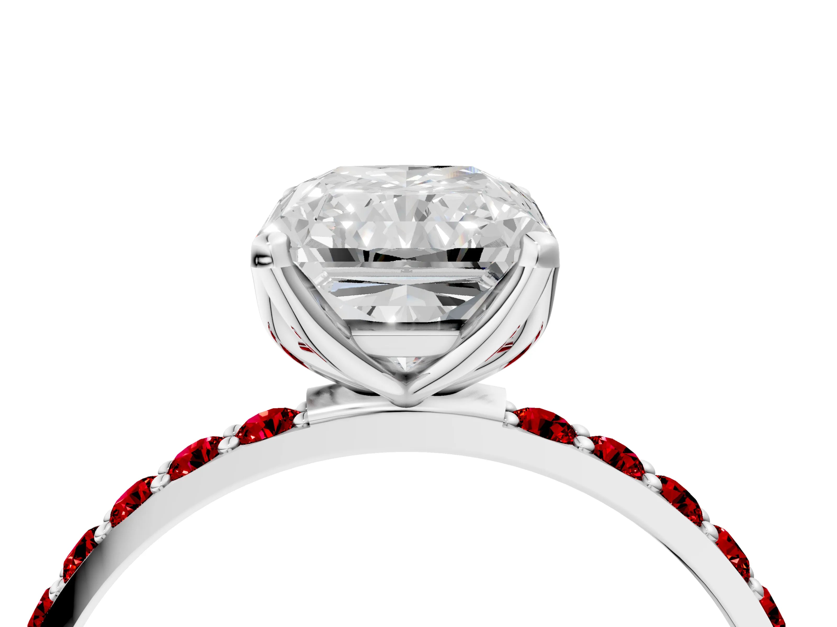 White gold Radiant Cut Diamond Solitaire Engagement Ring with Round with Ruby side stone Pavé Band and Prong Setting_16