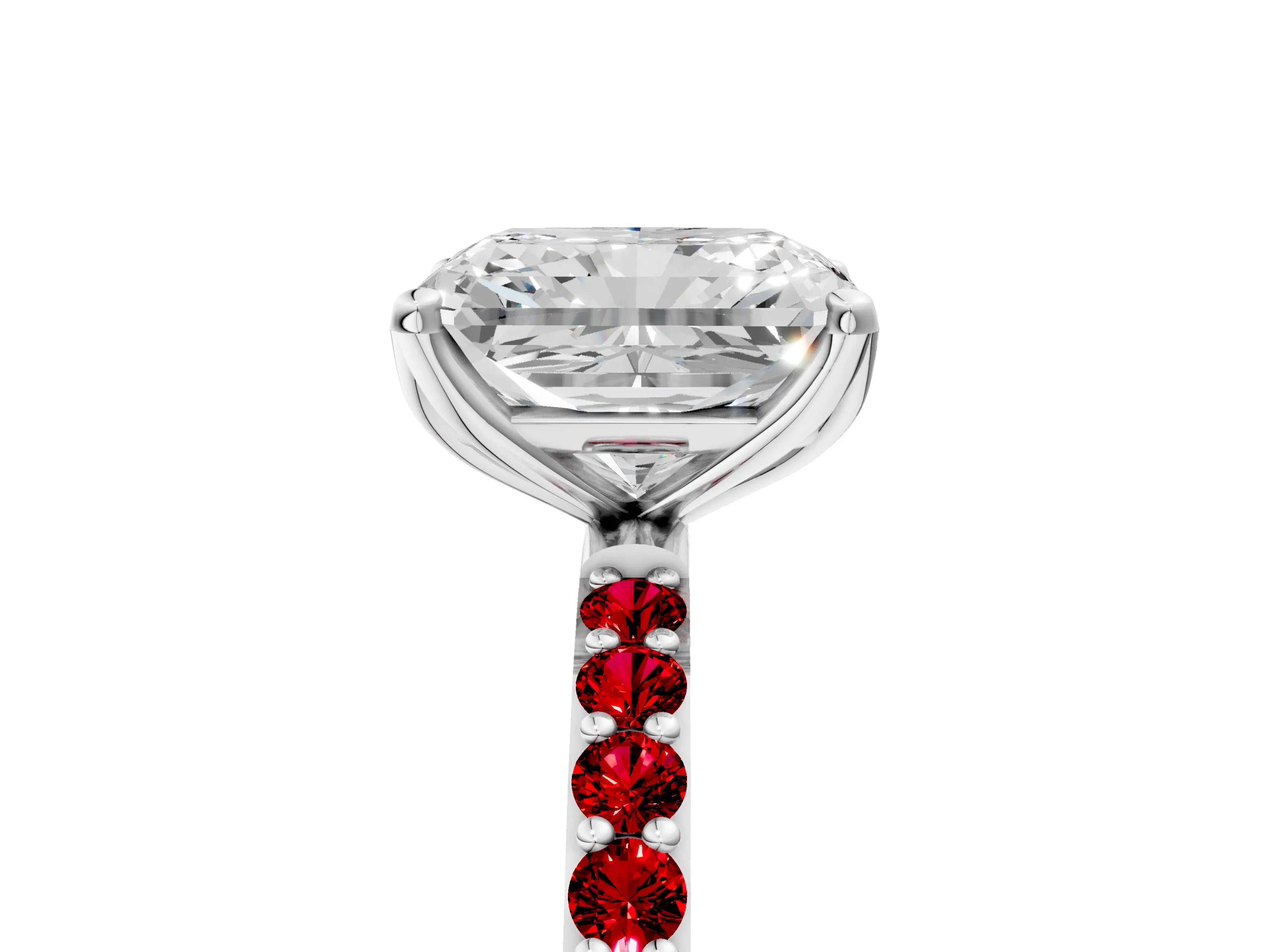 White gold Radiant Cut Diamond Solitaire Engagement Ring with Round with Ruby side stone Pavé Band and Prong Setting_17