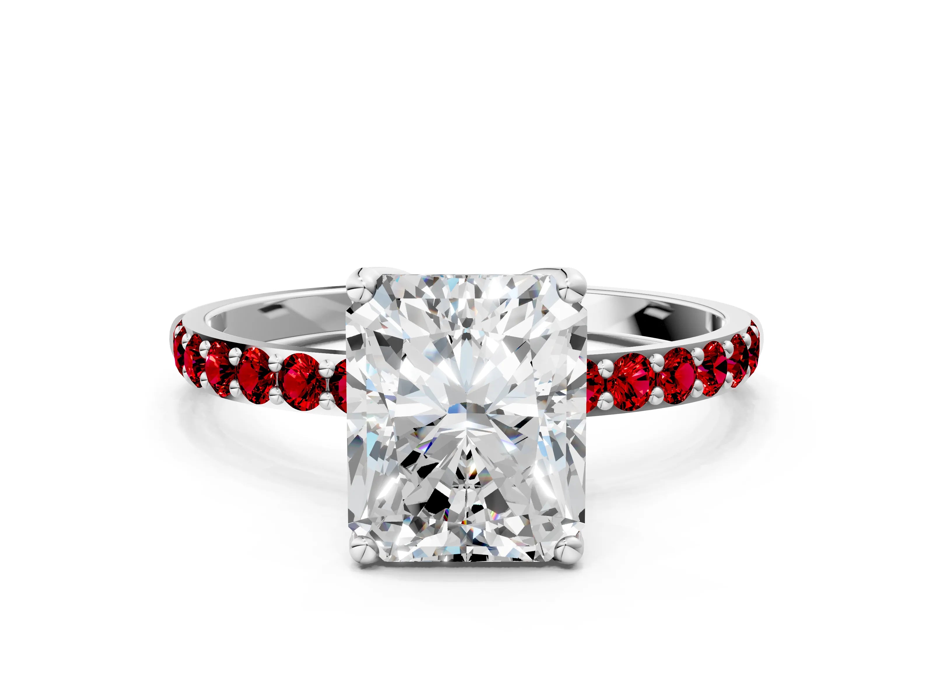 White gold Radiant Cut Diamond Solitaire Engagement Ring with Round with Ruby side stone Pavé Band and Prong Setting_24