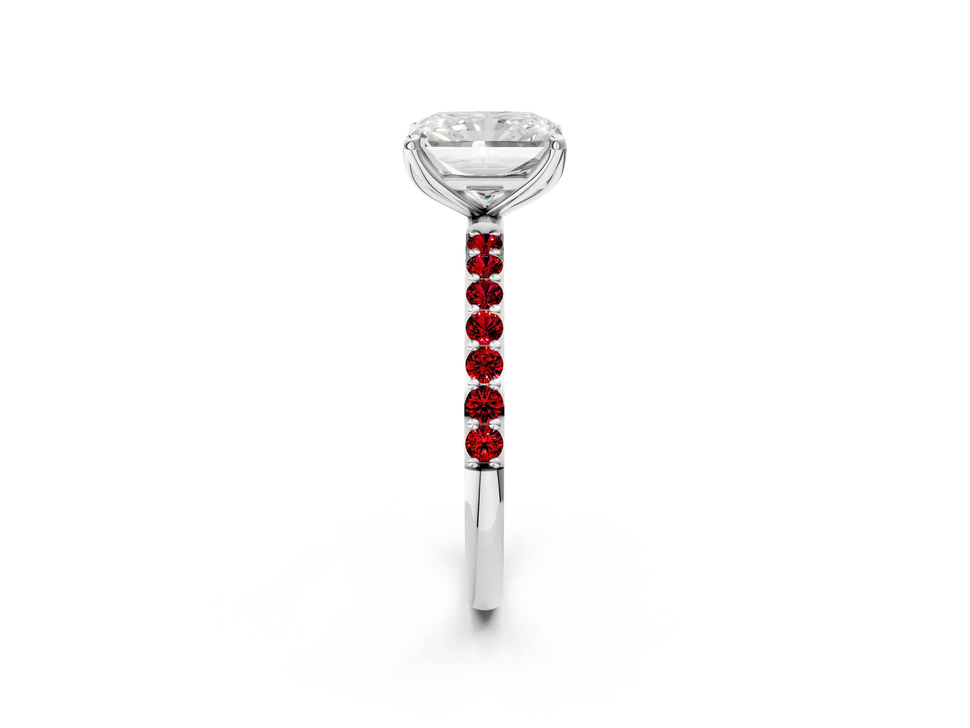White gold Radiant Cut Diamond Solitaire Engagement Ring with Round with Ruby side stone Pavé Band and Prong Setting_26