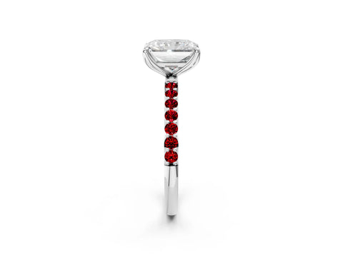 White gold Radiant Cut Diamond Solitaire Engagement Ring with Round with Ruby side stone Pavé Band and Prong Setting_26