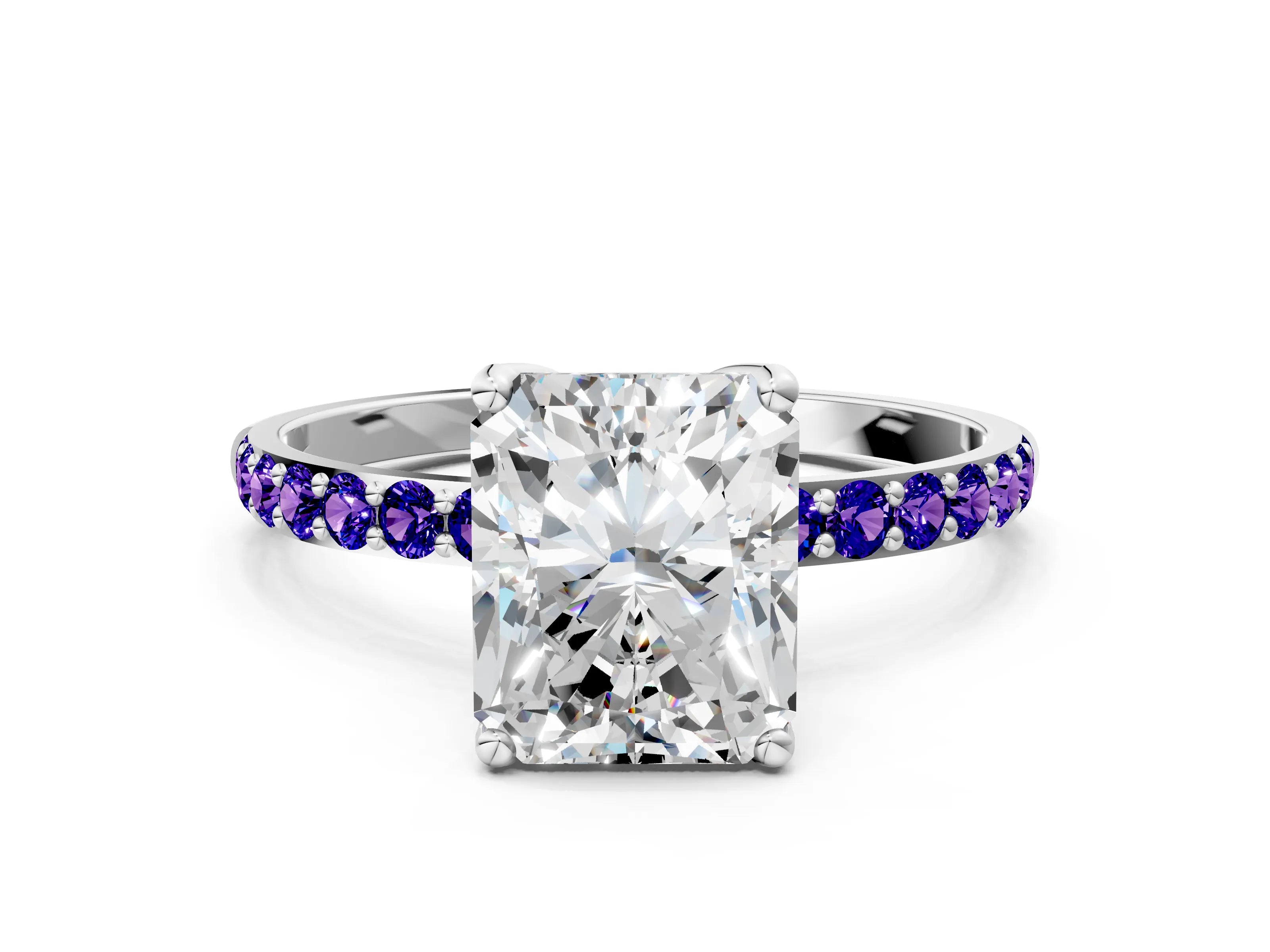 White gold Radiant Cut Diamond Solitaire Engagement Ring with Round with Tanzanite side stone Pavé Band and Prong Setting