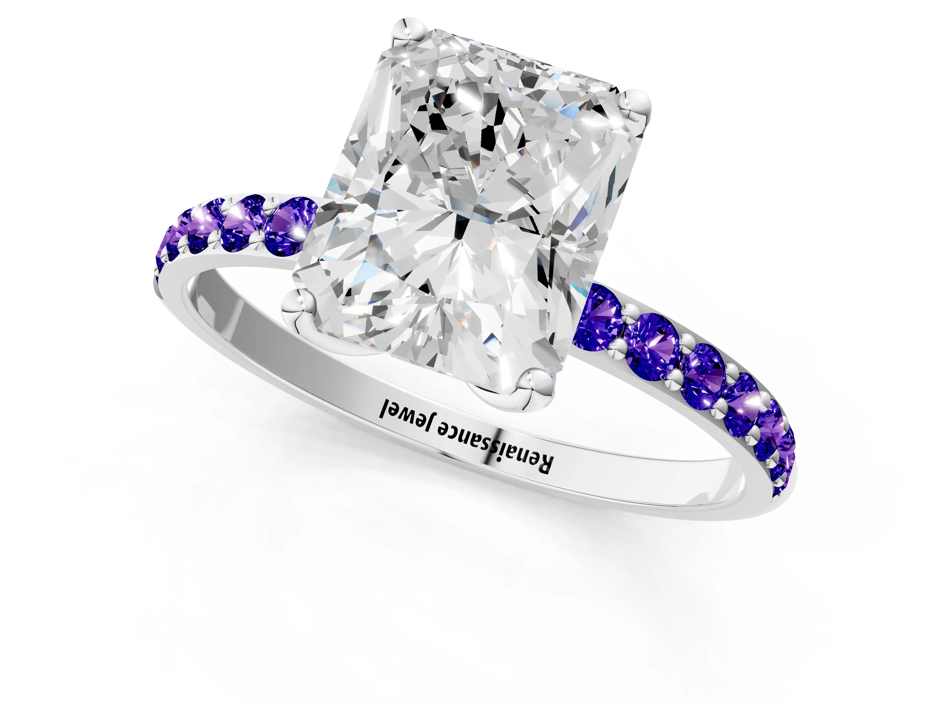 White gold Radiant Cut Diamond Solitaire Engagement Ring with Round with Tanzanite side stone Pavé Band and Prong Setting_1