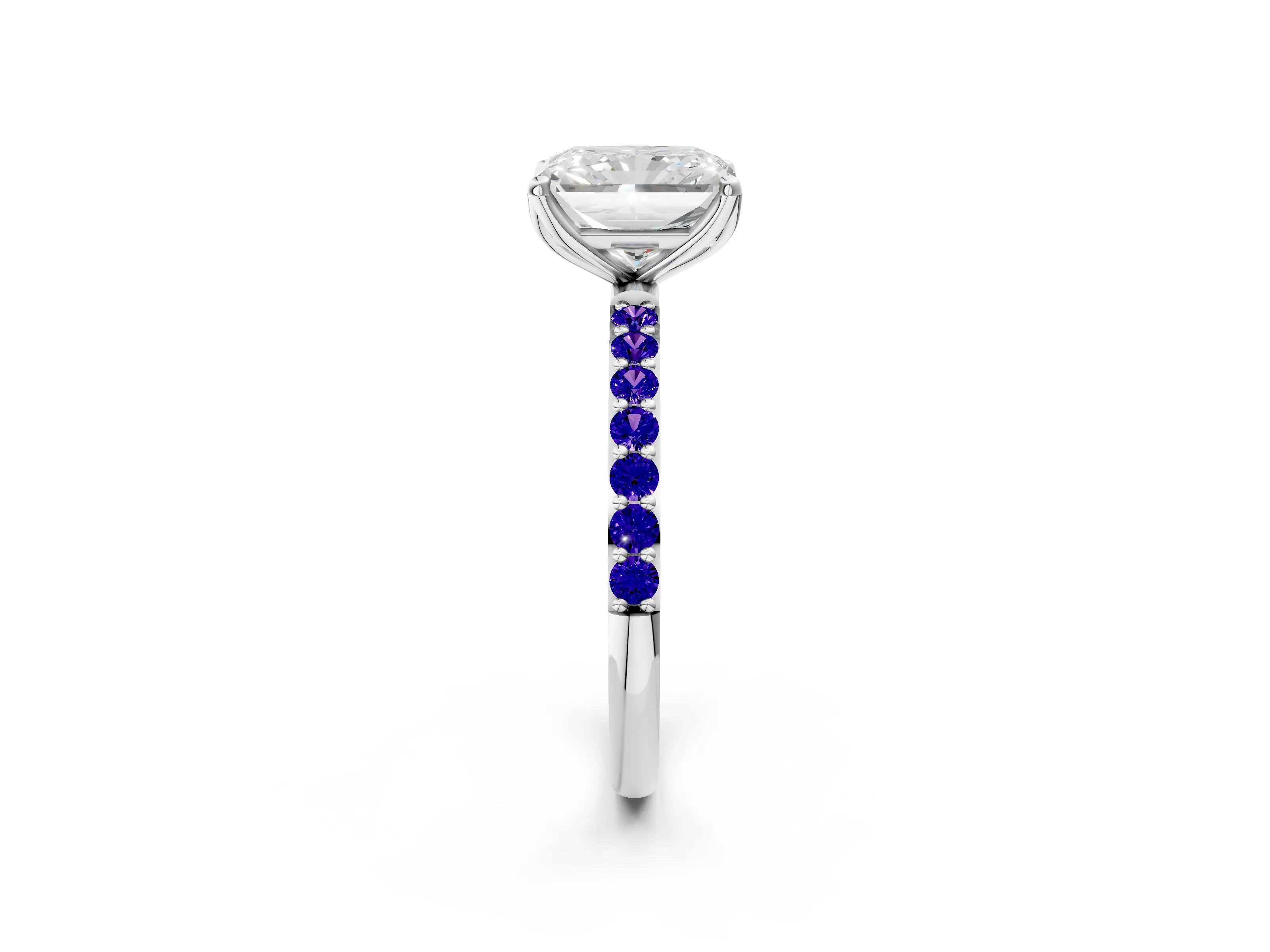 White gold Radiant Cut Diamond Solitaire Engagement Ring with Round with Tanzanite side stone Pavé Band and Prong Setting_2