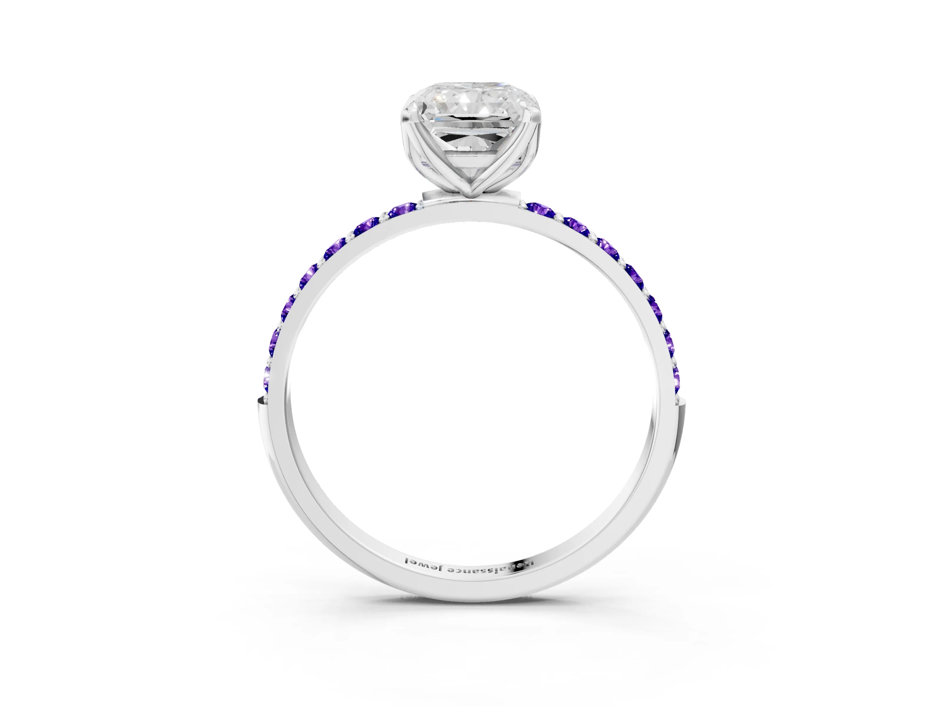 White gold Radiant Cut Diamond Solitaire Engagement Ring with Round with Tanzanite side stone Pavé Band and Prong Setting_3