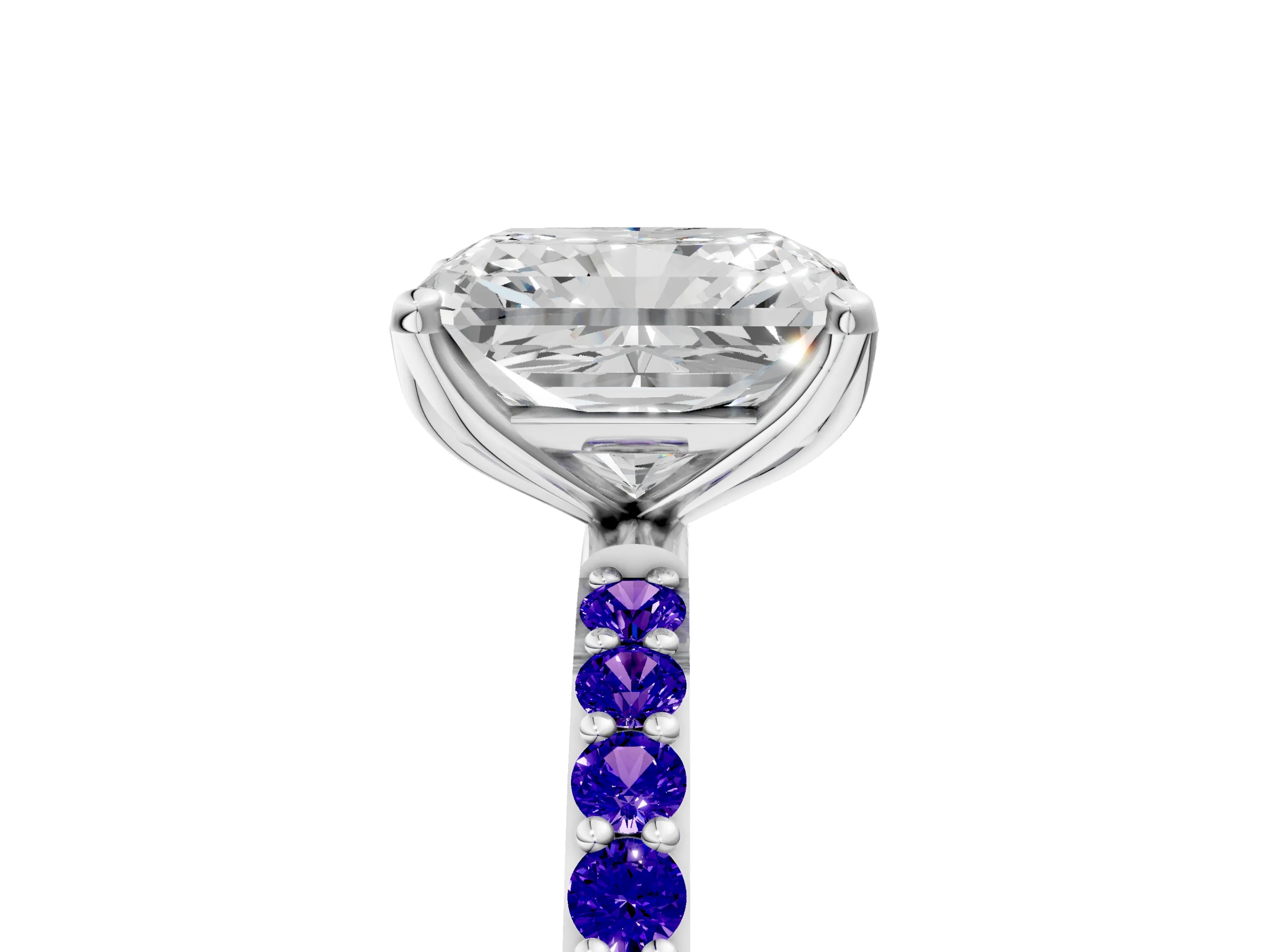 White gold Radiant Cut Diamond Solitaire Engagement Ring with Round with Tanzanite side stone Pavé Band and Prong Setting_5