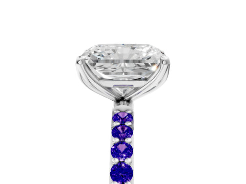 White gold Radiant Cut Diamond Solitaire Engagement Ring with Round with Tanzanite side stone Pavé Band and Prong Setting_5