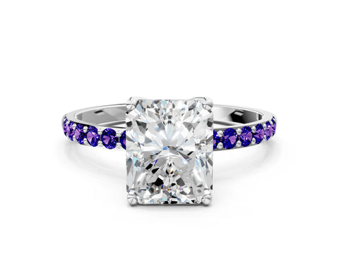 White gold Radiant Cut Diamond Solitaire Engagement Ring with Round with Tanzanite side stone Pavé Band and Prong Setting