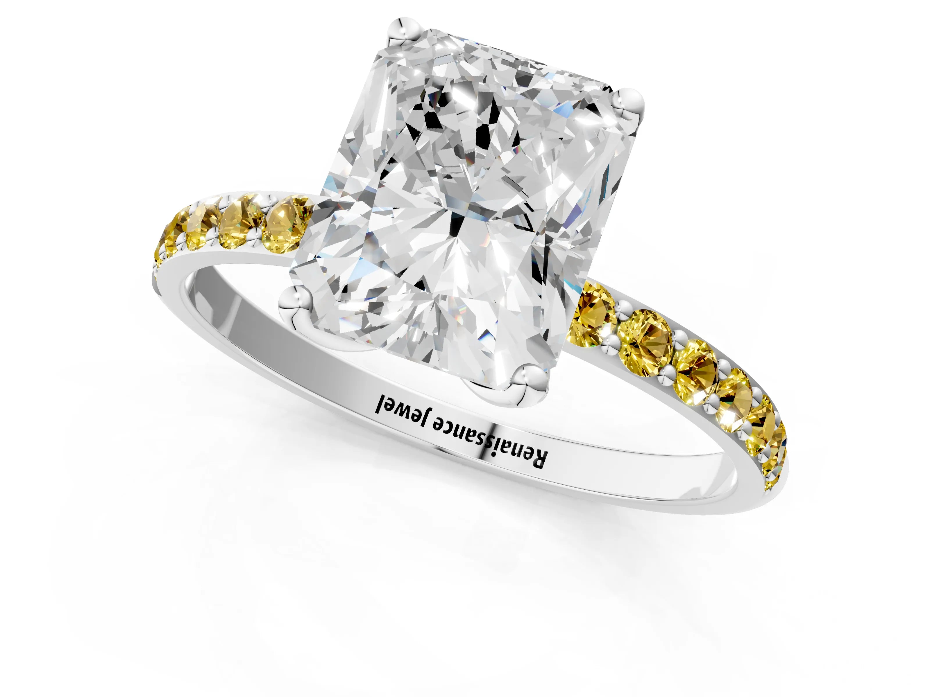 White gold Radiant Cut Diamond Solitaire Engagement Ring with Round with Yellow Sapphire side stone Pavé Band and Prong Setting_13