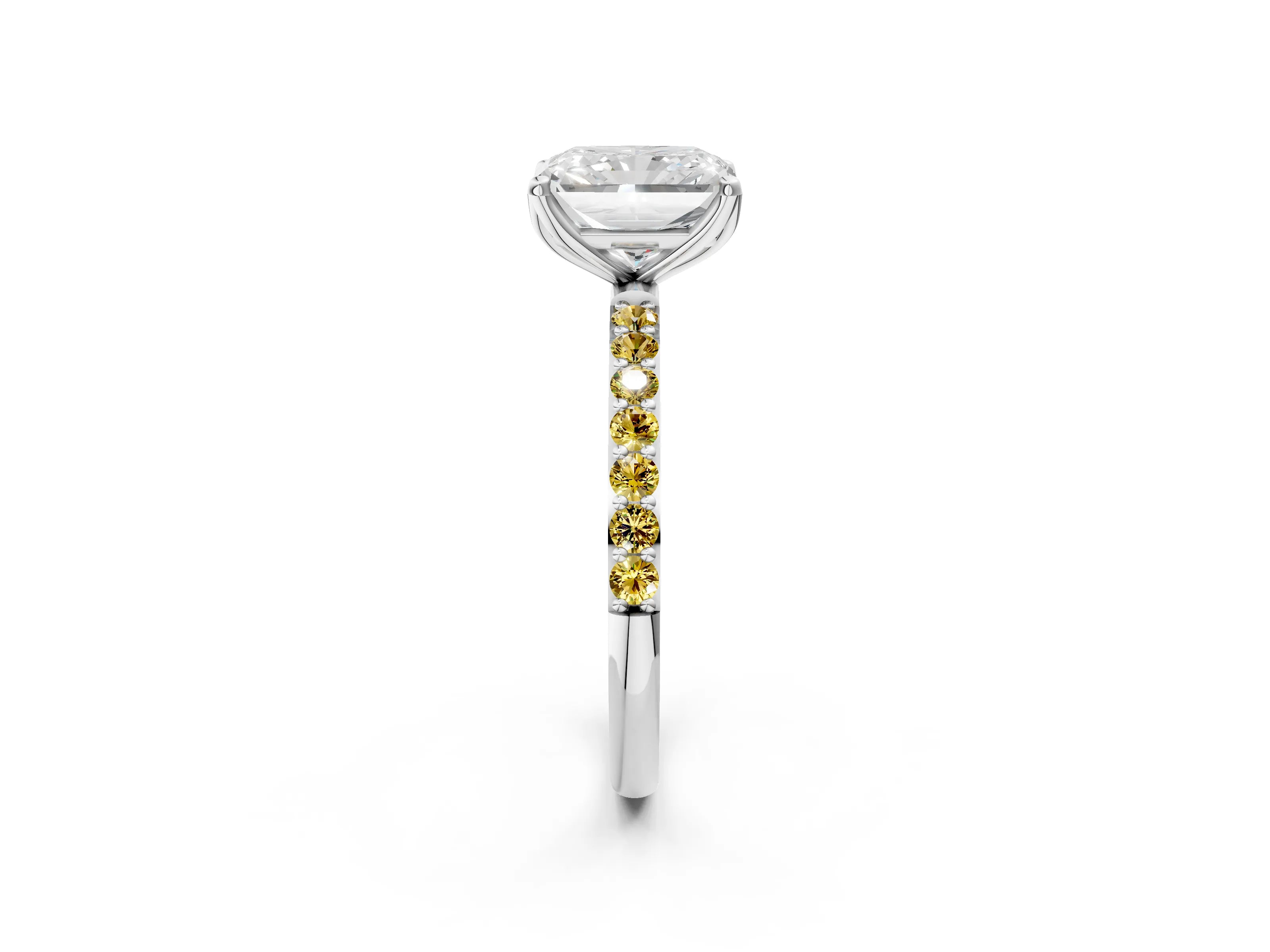 White gold Radiant Cut Diamond Solitaire Engagement Ring with Round with Yellow Sapphire side stone Pavé Band and Prong Setting_14