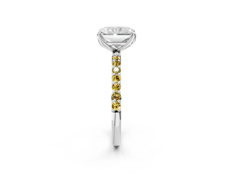 White gold Radiant Cut Diamond Solitaire Engagement Ring with Round with Yellow Sapphire side stone Pavé Band and Prong Setting_14
