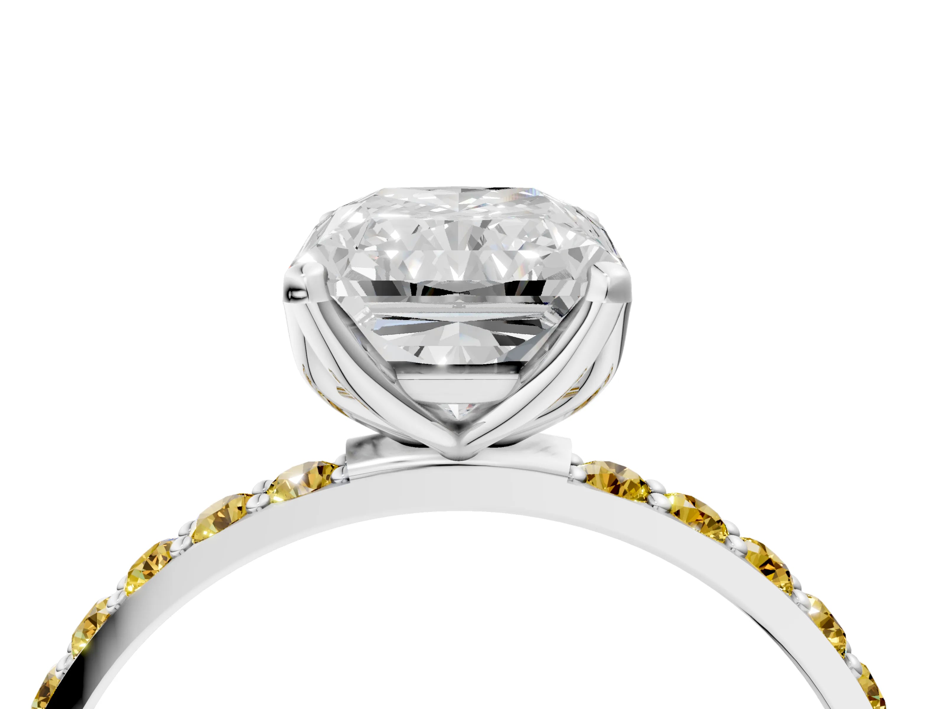White gold Radiant Cut Diamond Solitaire Engagement Ring with Round with Yellow Sapphire side stone Pavé Band and Prong Setting_16