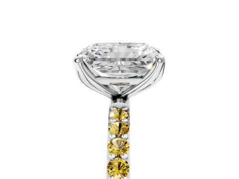 White gold Radiant Cut Diamond Solitaire Engagement Ring with Round with Yellow Sapphire side stone Pavé Band and Prong Setting_17
