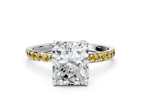 White gold Radiant Cut Diamond Solitaire Engagement Ring with Round with Yellow Sapphire side stone Pavé Band and Prong Setting_24