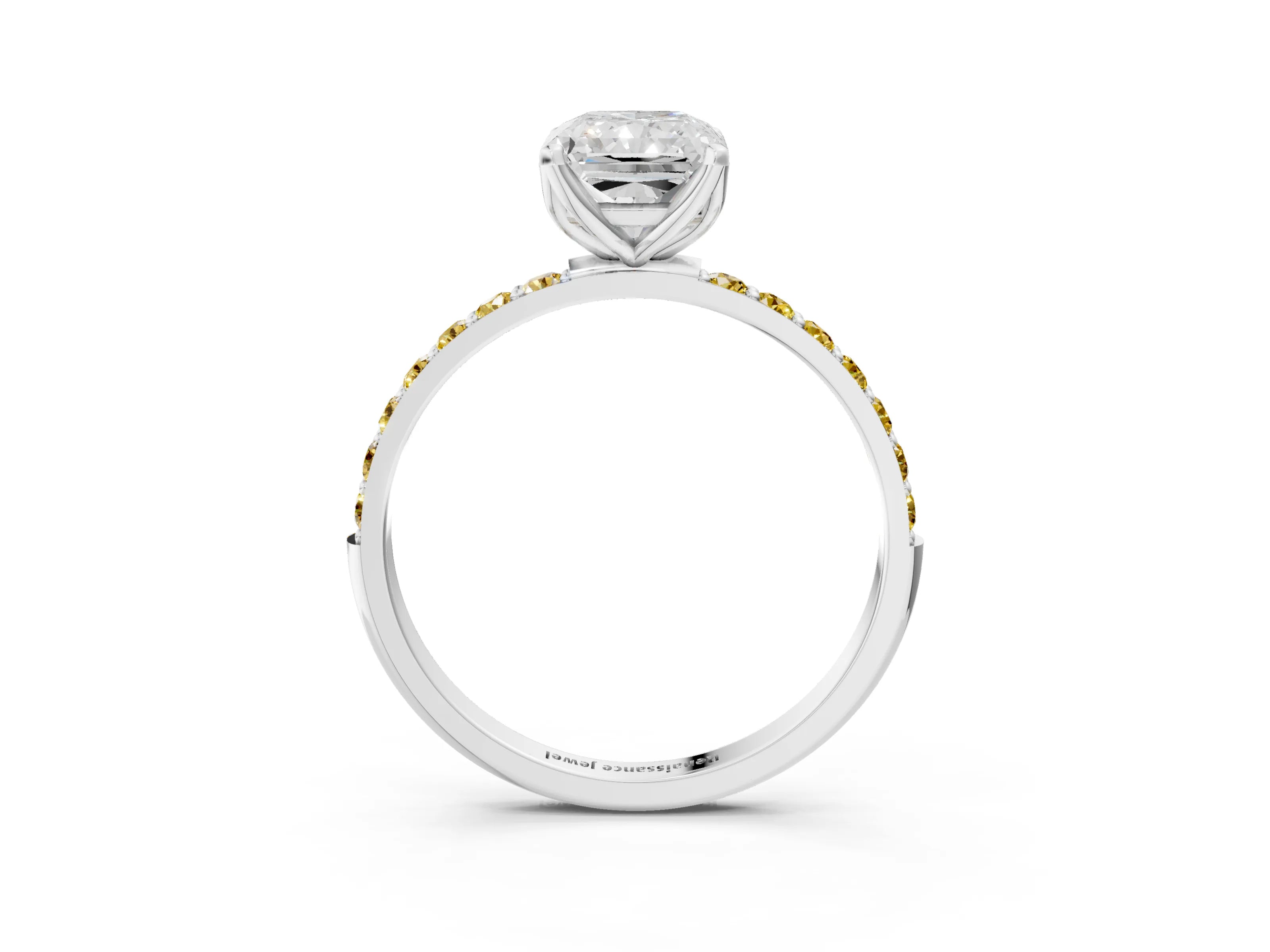 White gold Radiant Cut Diamond Solitaire Engagement Ring with Round with Yellow Sapphire side stone Pavé Band and Prong Setting_27