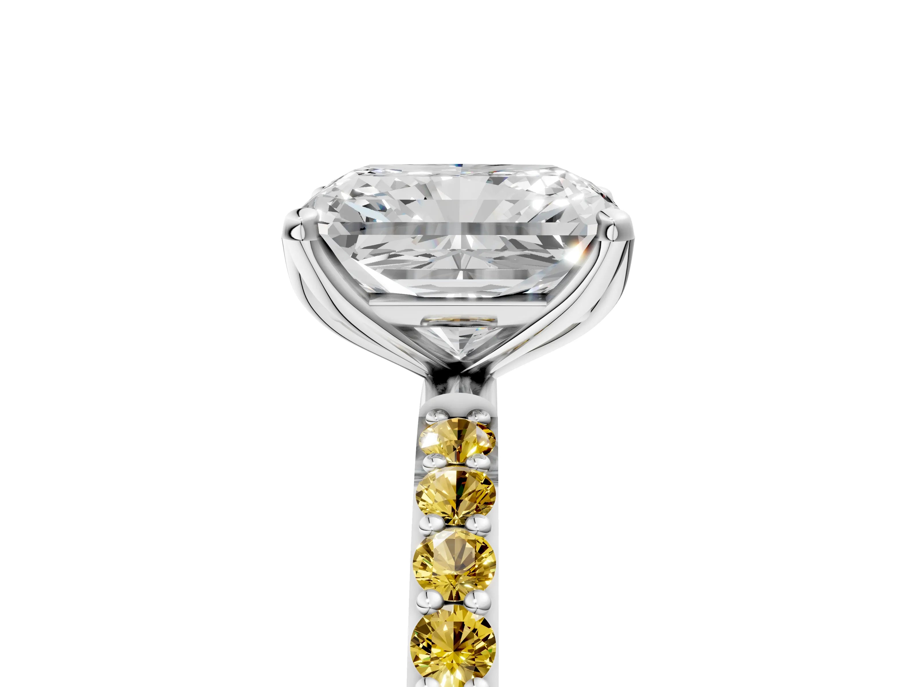 White gold Radiant Cut Diamond Solitaire Engagement Ring with Round with Yellow Sapphire side stone Pavé Band and Prong Setting_29