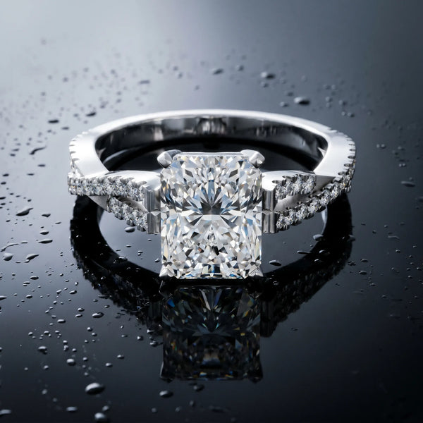 White gold Radiant Cut Diamond Solitaire Engagement Ring with Twisted Pavé Band and Four-Prong Setting