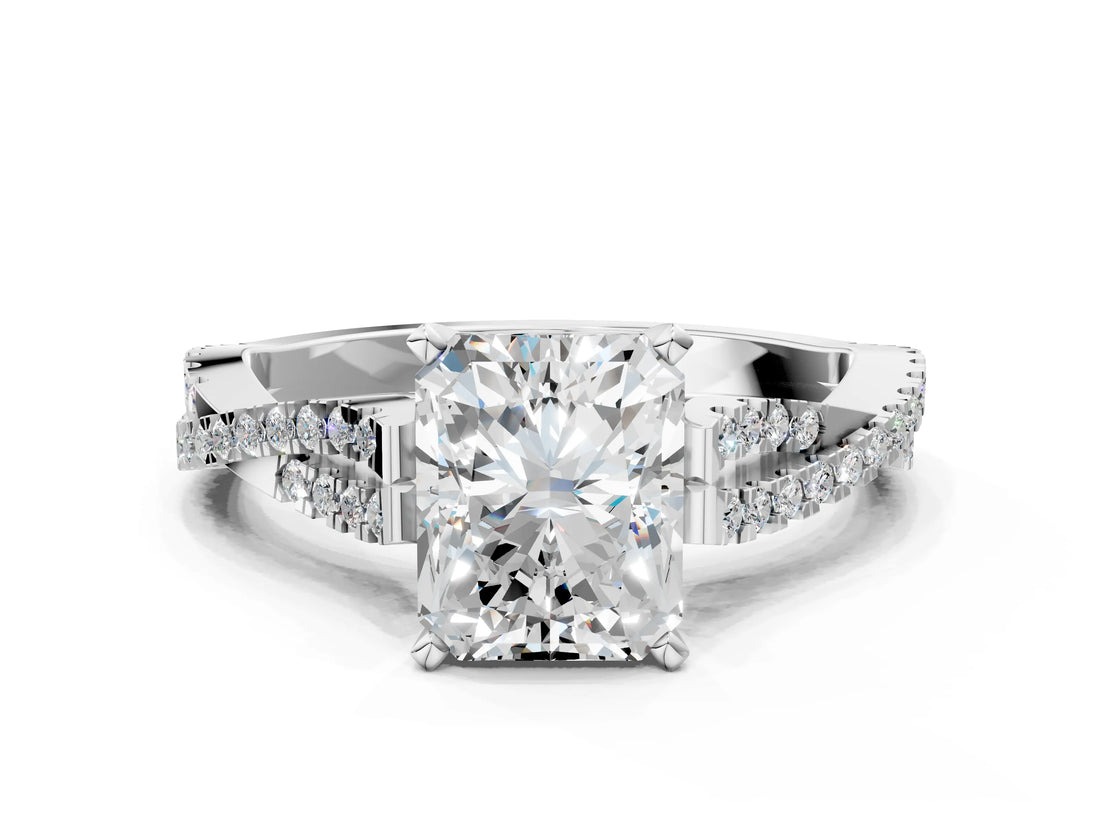 White gold Radiant Cut Diamond Solitaire Engagement Ring with Twisted Pavé Band and Four-Prong Setting_75