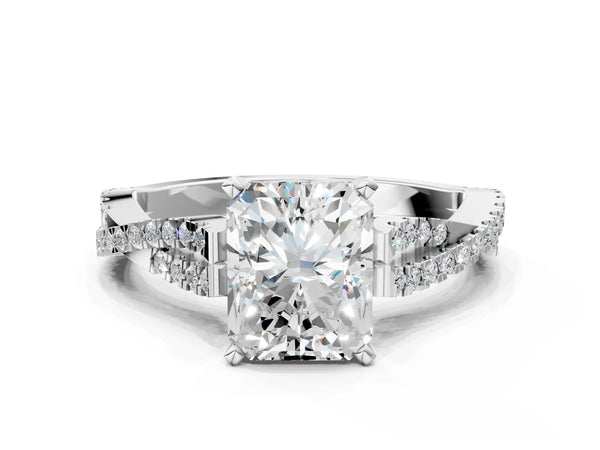 White gold Radiant Cut Diamond Solitaire Engagement Ring with Twisted Pavé Band and Four-Prong Setting