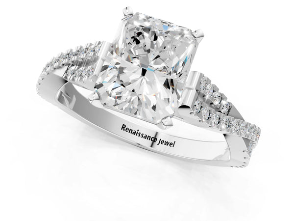 White gold Radiant Cut Diamond Solitaire Engagement Ring with Twisted Pavé Band and Four-Prong Setting