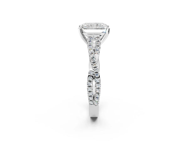 White gold Radiant Cut Diamond Solitaire Engagement Ring with Twisted Pavé Band and Four-Prong Setting