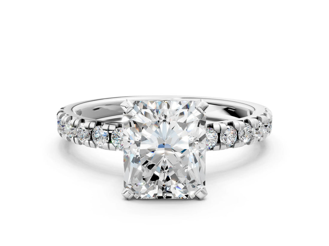 White gold Radiant Cut Diamond Solitaire Pavé Engagement Ring with Round Band and Prong Setting_100