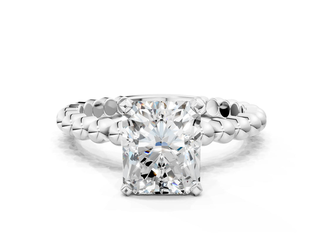 White gold Radiant Cut Diamond Solitaire Ring with Beaded Band and Prong Setting_344