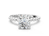 White gold Radiant Cut Diamond Solitaire Ring with Beaded Band and Prong Setting_344