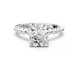 White gold Radiant Cut Diamond Solitaire Ring with Beaded Band and Prong Setting_349