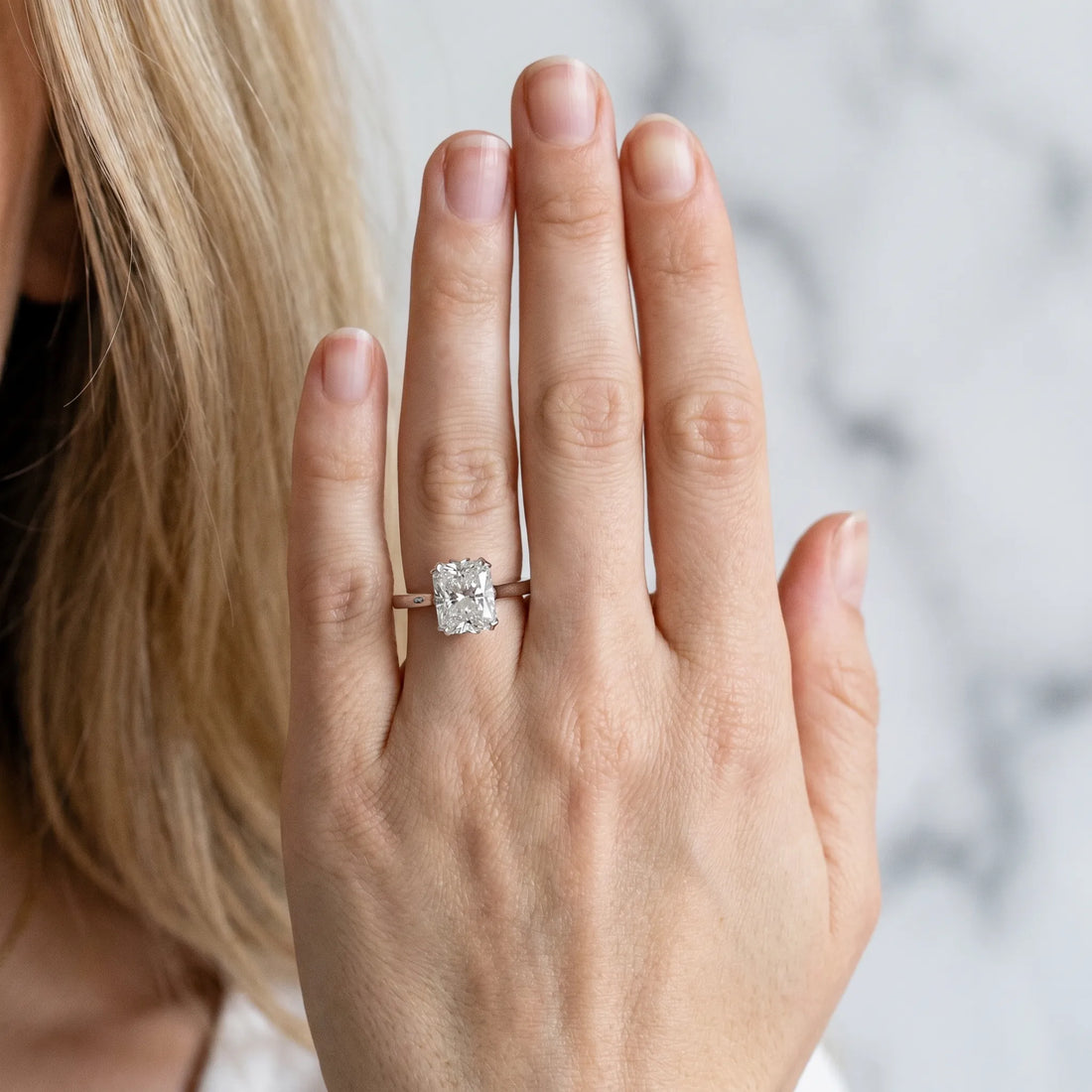 White gold Radiant Cut Diamond Solitaire Ring with Flower Prong Setting and Classic Band_292