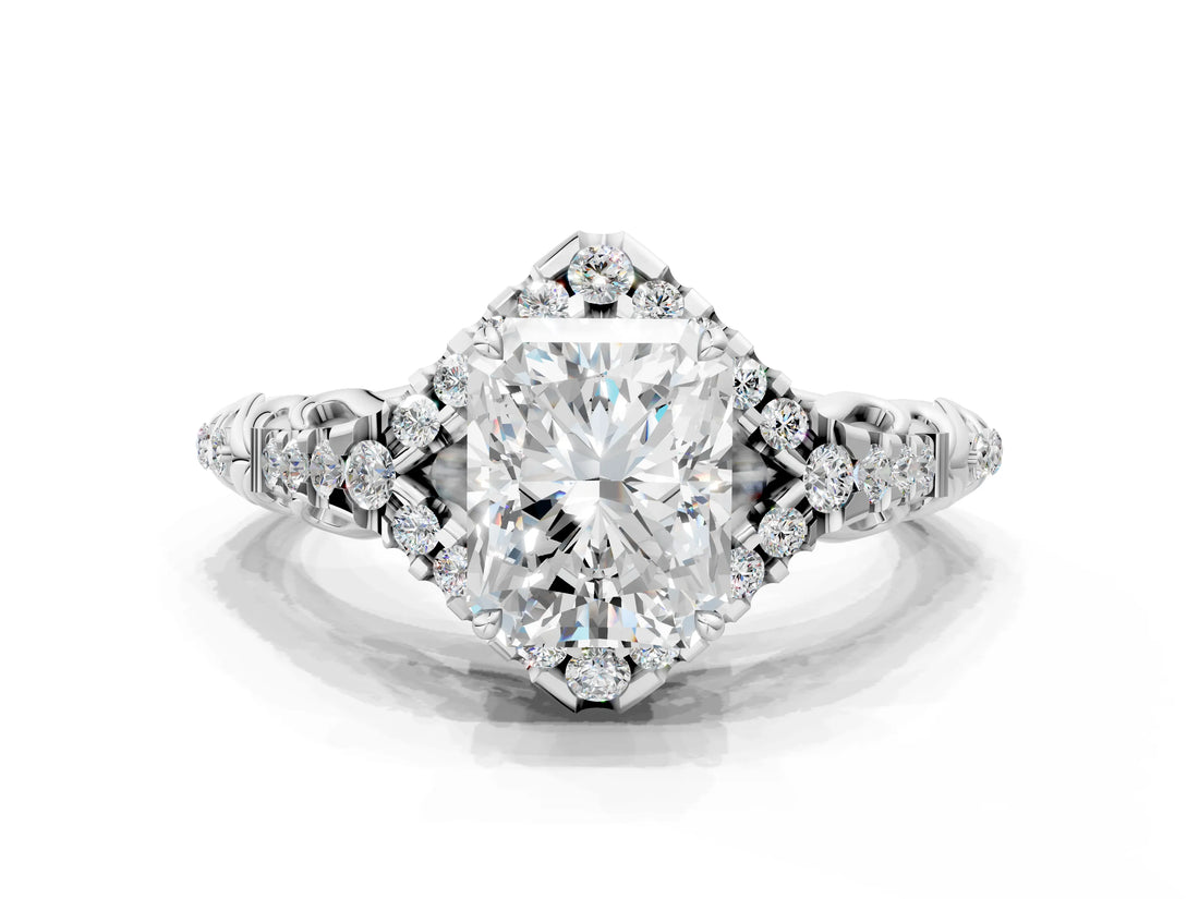 White gold Radiant Cut Diamond Solitaire Ring with Hidden Halo and Pavé Band_33