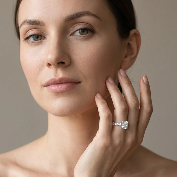 White gold Radiant Cut Diamond Solitaire Ring with Micro Pave Band and Prong Setting